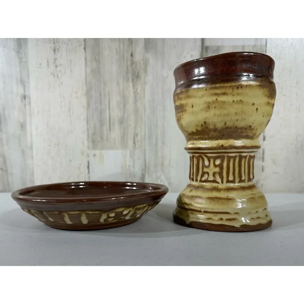 Studio Pottery Art Handmade 2 pc Candle Holder Tray Brown Signed Tom‎ Hughes